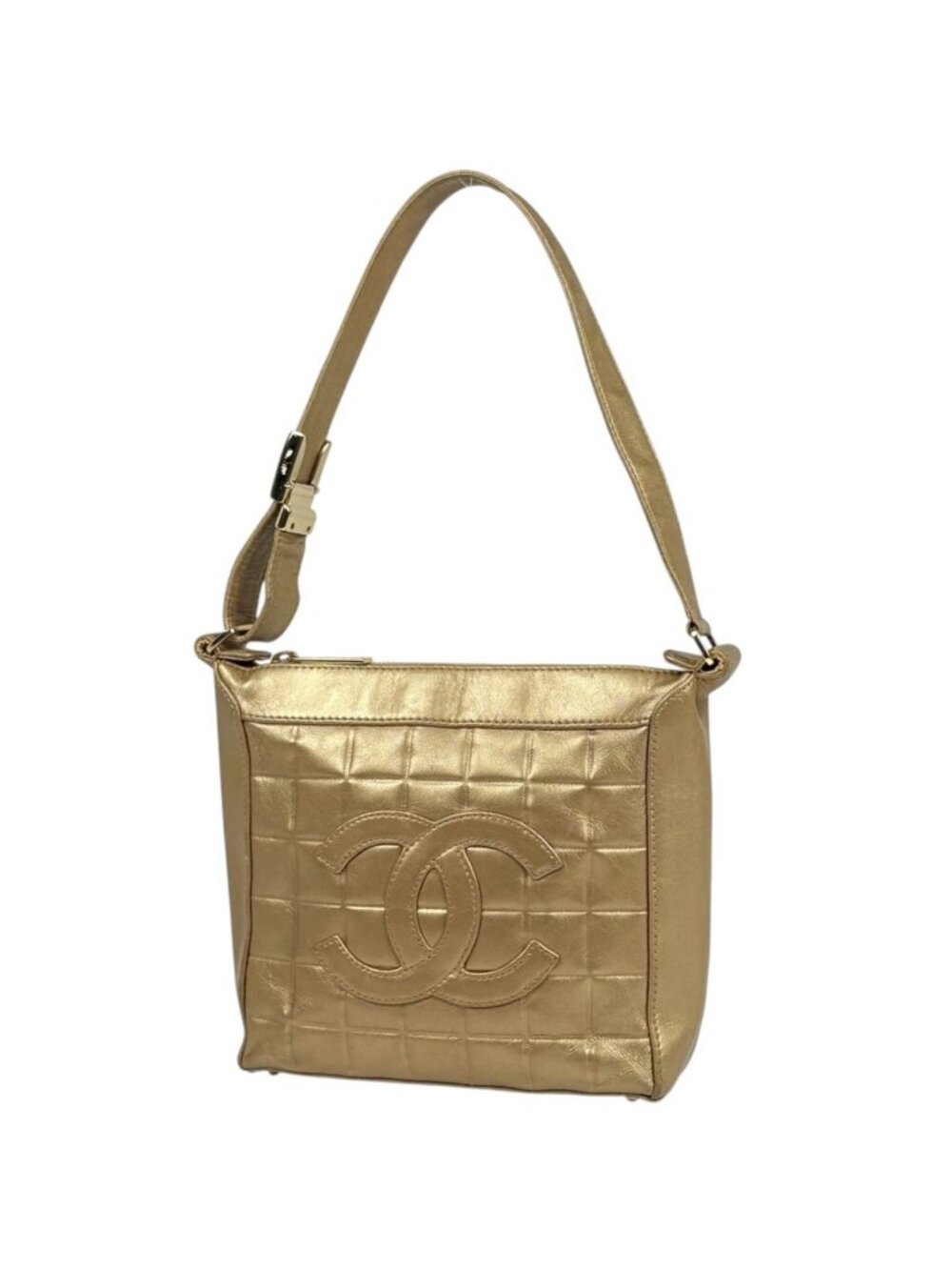 Chanel Shoulder Bag CC Logo Choco Bar Leather Gold